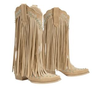 Wetkiss Tan Cassidy Fringe Cowboy Boots Studded Turquoise Western 7.5 NEW $158